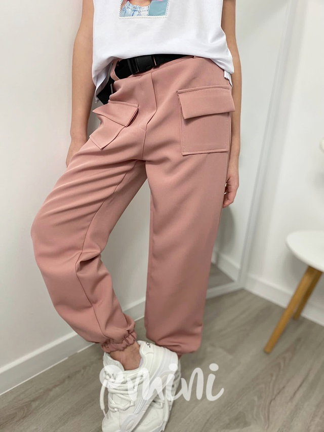 Cargo kalhoty s kapsami a páskem pink