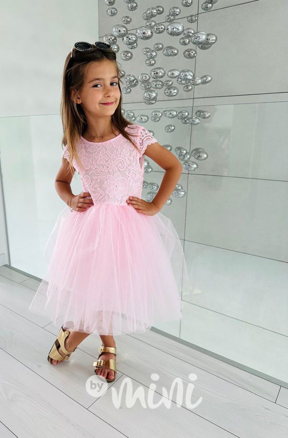 Summer princess krajkové šaty s maxi tylovou sukní růžové