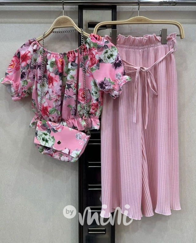 Flower blůzka + plisované kalhoty + kabelka pink
