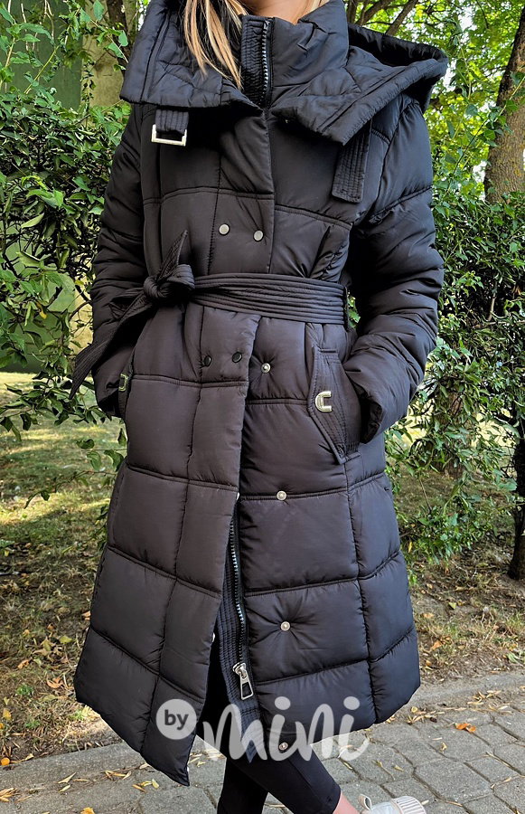 Zimní dlouhý kabát s páskem černý