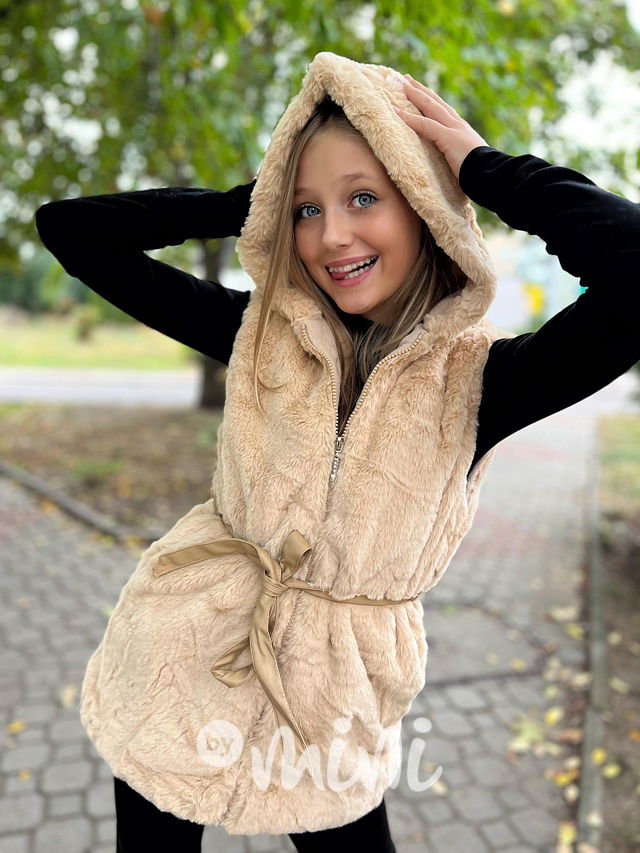 Chlupatá hoodie vesta s páskem beige