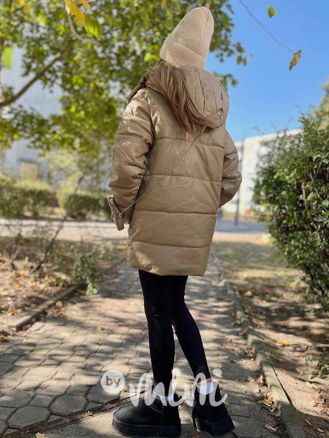 Eco leather zimní bunda s kabelkou béžová