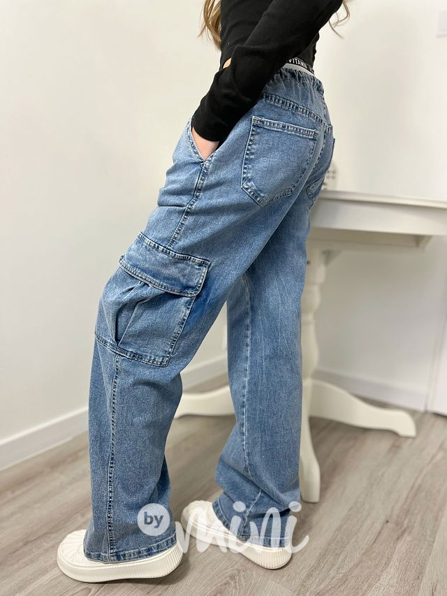 Široké denim kapsáče s elastickým pasem