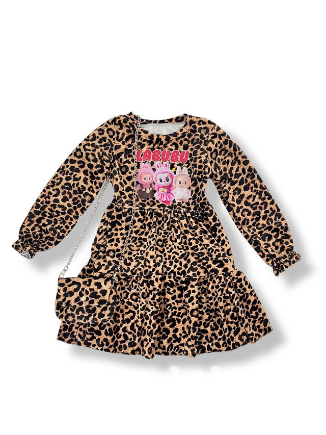 Labubu soft velur leopard šaty s kabelkou