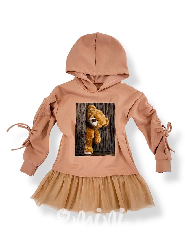 Teddy mikinová hoodie tunika s tylem beige