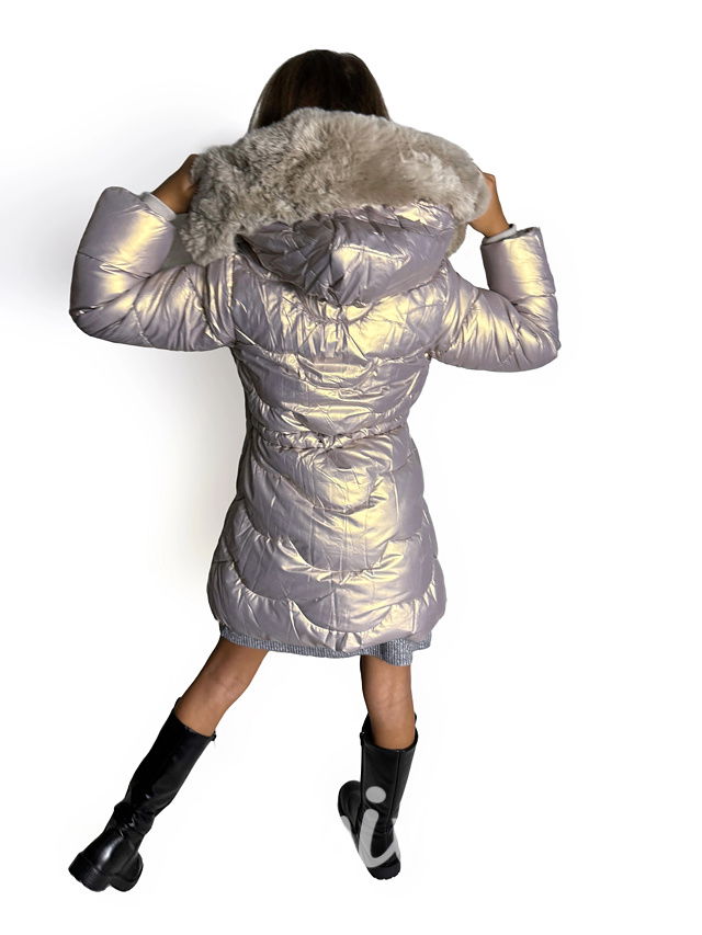 Metalický zimní kabát s kožíškem silver