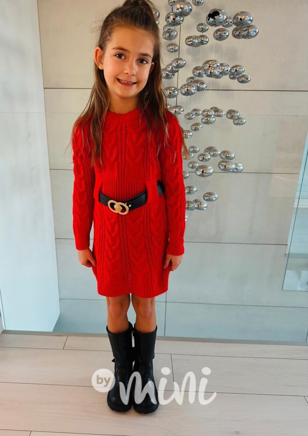 Svetrové šaty s páskem červené