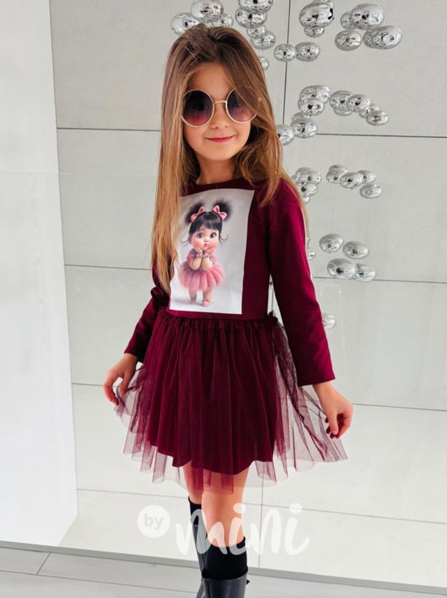PREMIUM šaty s tylem baby doll bordo