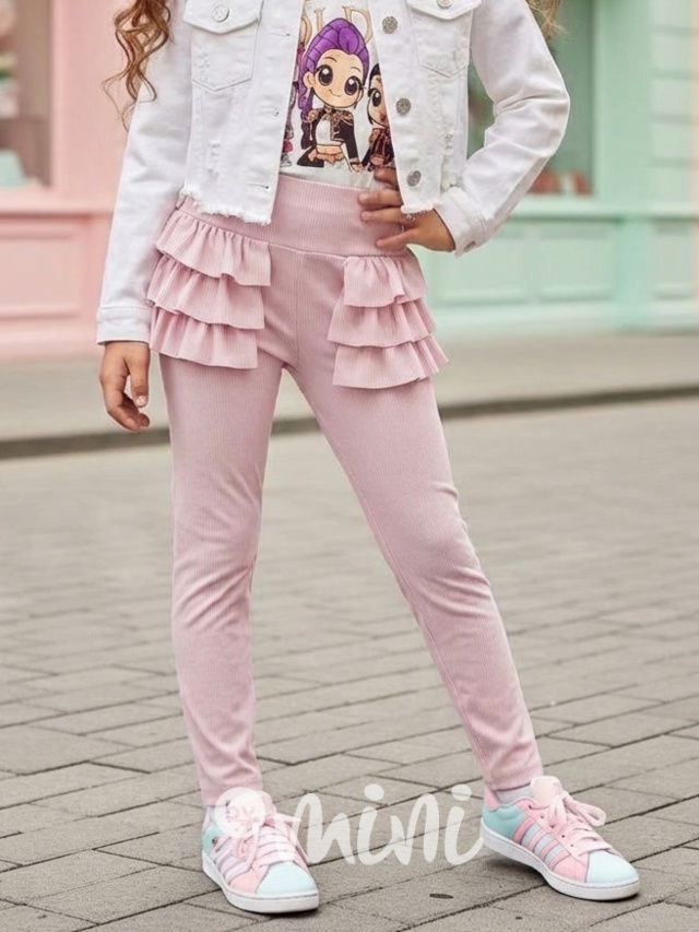 Žebrované legíny s volánky růžové