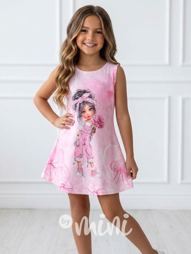 Romantické letní šaty s ilustrací růžové