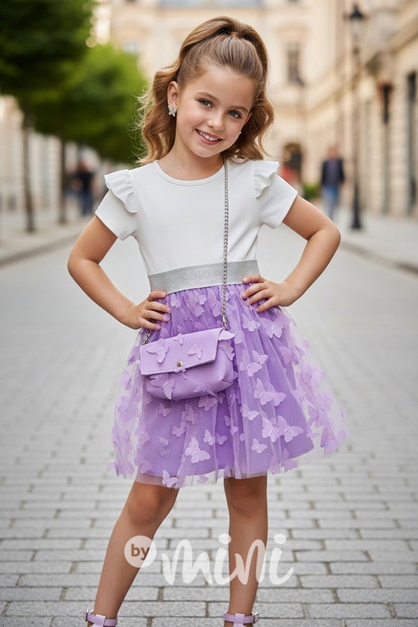PREMIUM letní motýlkové šaty s kabelkou white/lila