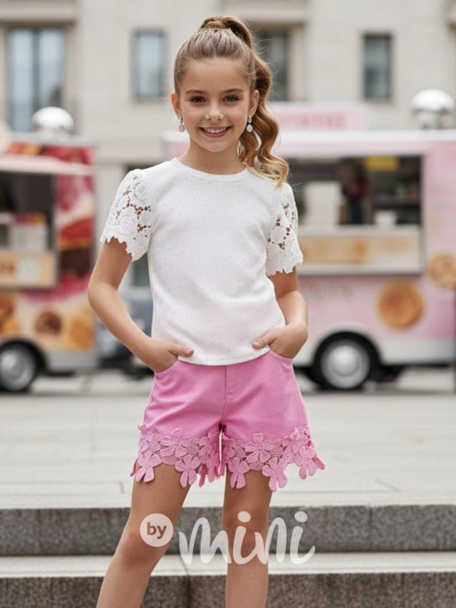 Flower denim kraťasy růžové