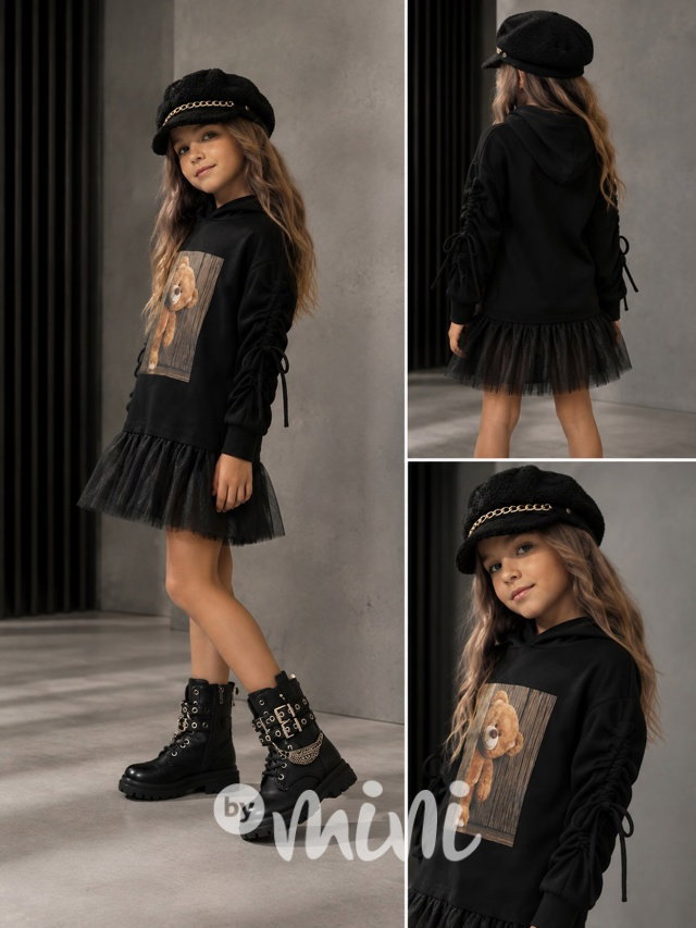 Teddy mikinová hoodie tunika s tylem černá