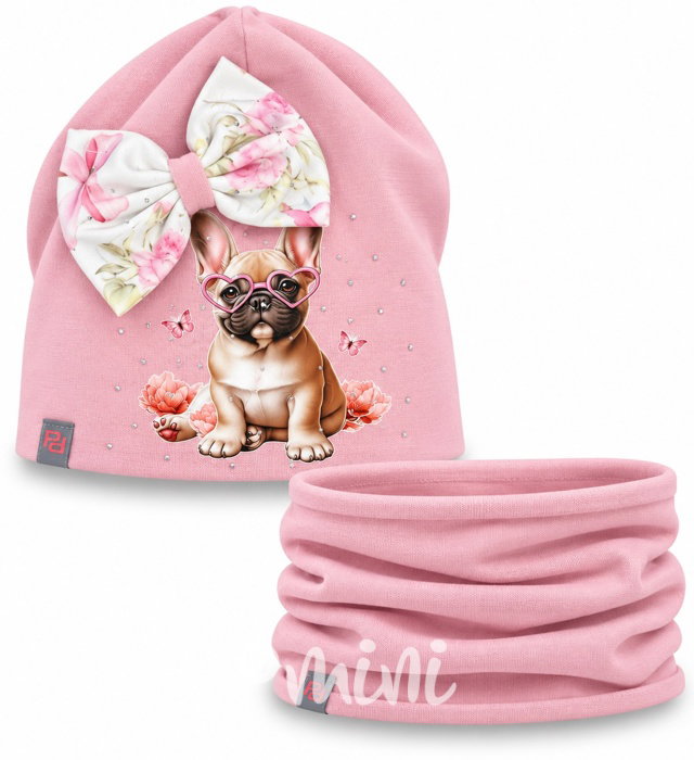 Buldoček čepice + nákrčník s kamínky pink