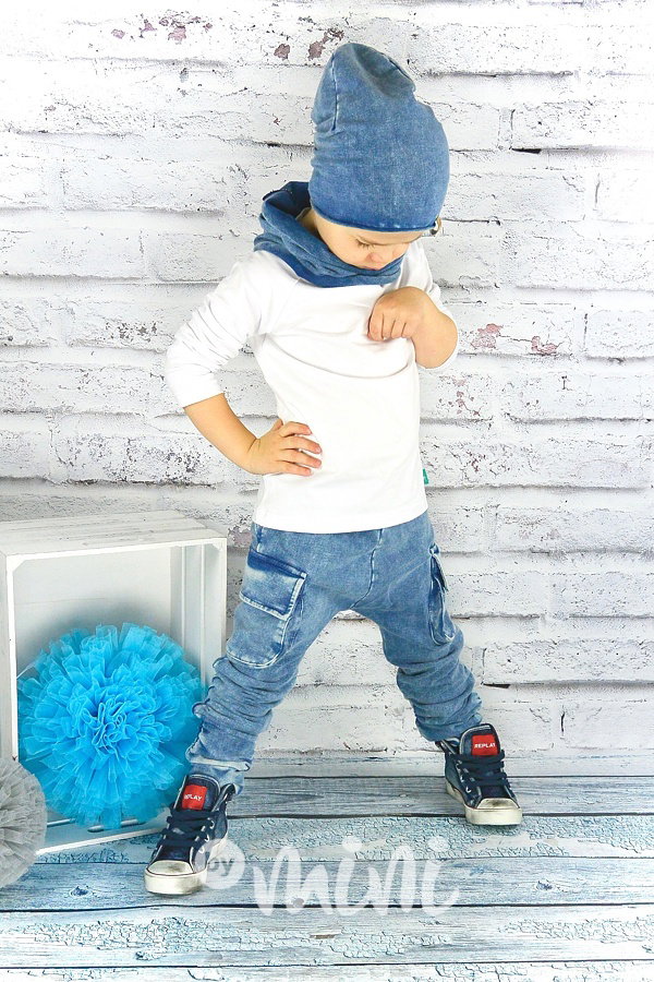 Jeans kapsáče + jeans houmleska s nákrčníkem