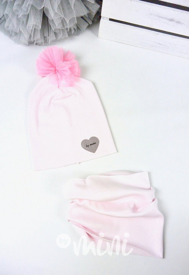 Baby pink žebrovaná čepka s pomponem + nákrčník