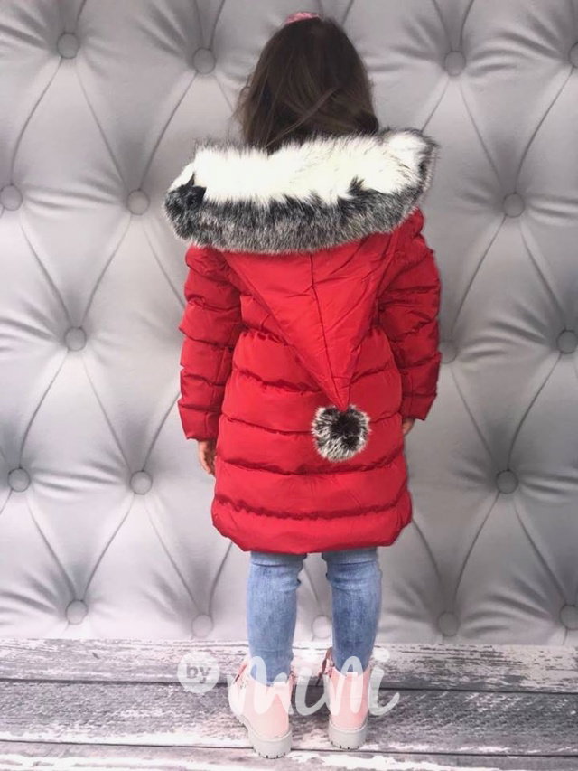 Dívčí zimní kabát se špičatou kapucí červený