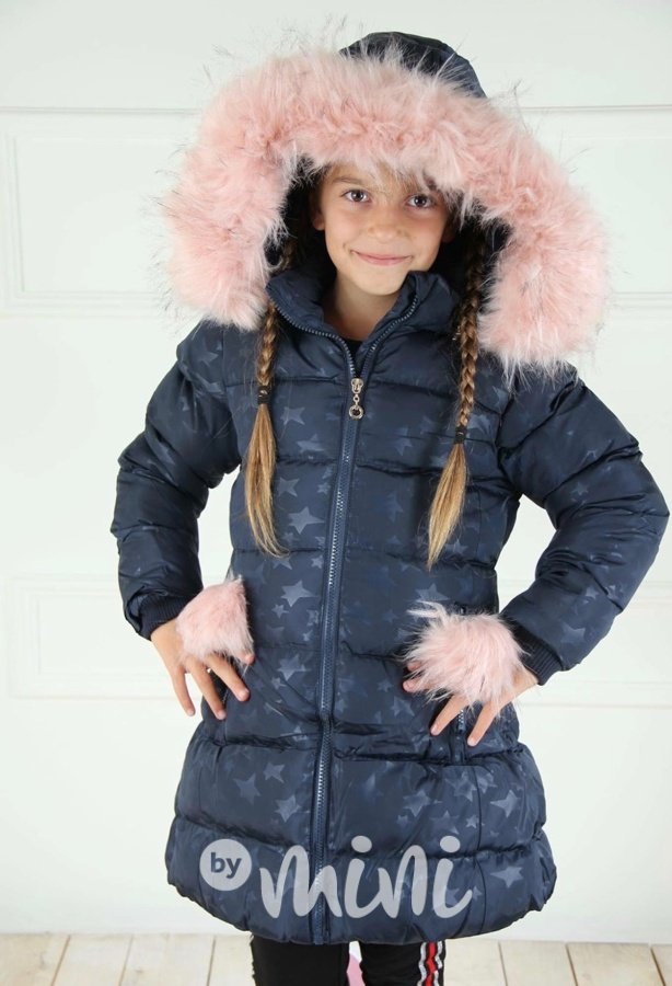 Modrý dívčí zimní kabát s hvězdičkami