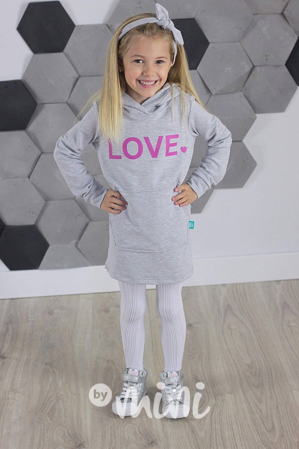 LOVE hoodie dress s kapucí šedá