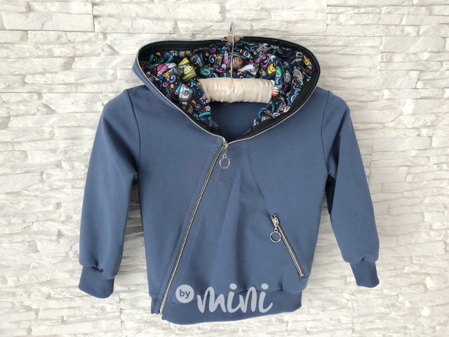 Space šedomodrá mikina na šikmý zip