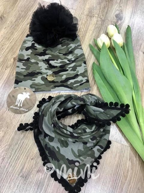 Army pompon set - čepice a šátek