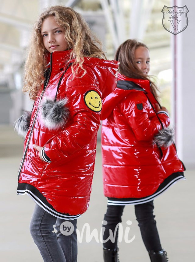 Designový zimní červený dívčí kabát