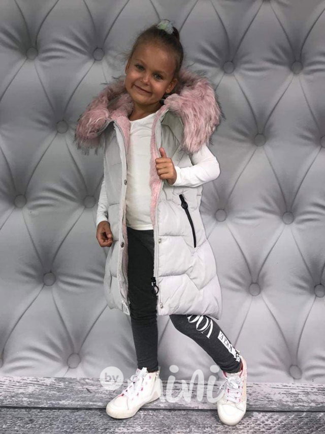 Šedá prošívaná dívčí vesta s růžovým chlupem
