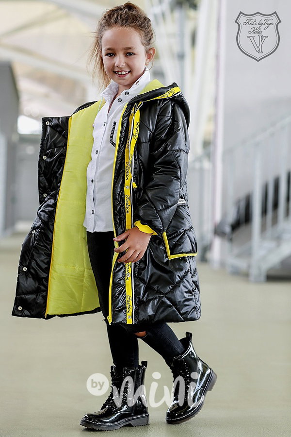 Designový black/yellow dívčí kabát