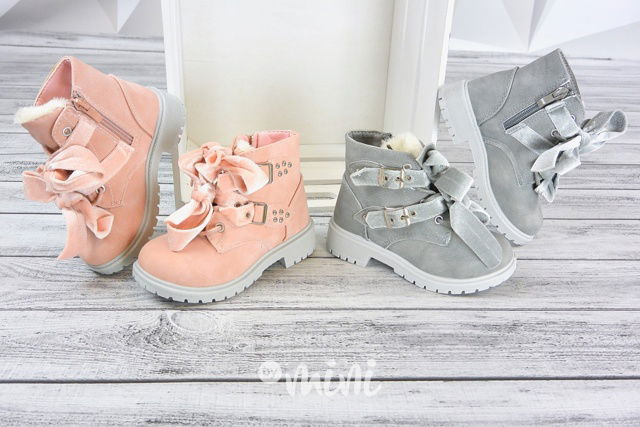 Dětské dívčí podzimní boty šedivé workery mašličky kožíšek By Mini