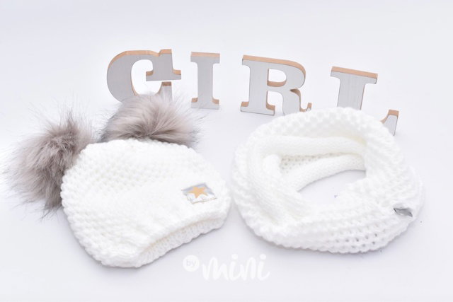 Pompon duo dívčí čepka s nákrčníkem - white