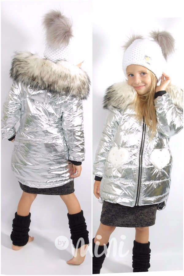 Dívčí metalický stříbrný zimní kabátek