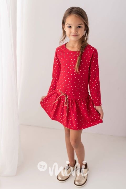 Dětské červené šaty se zlatými puntíky a dlouhým rukávem
