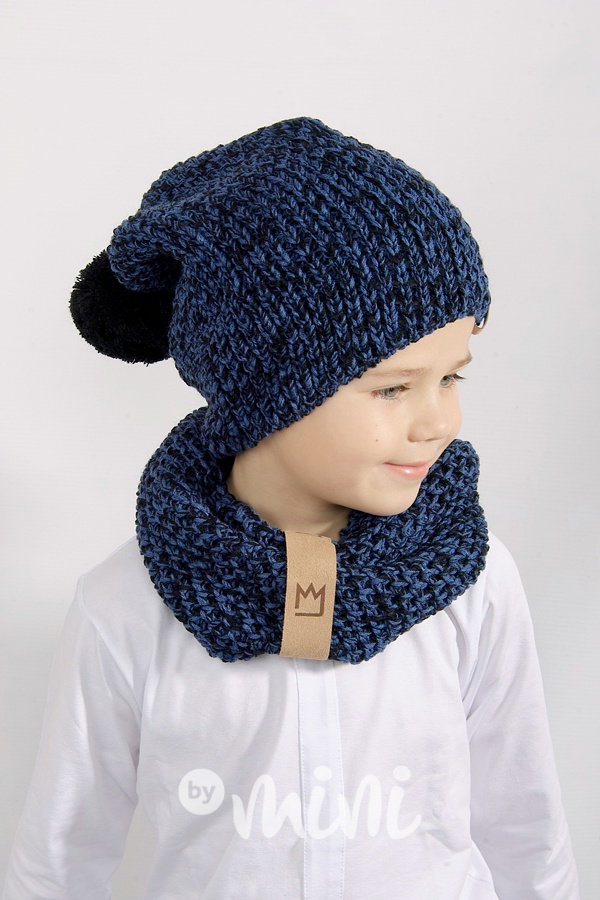 Vlněná houmleska bambulka s nákrčníkem - dark blue melange
