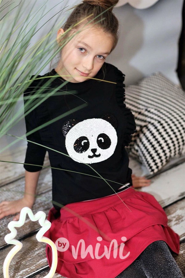 Dětský set černé triko a červená sukně panda flitry