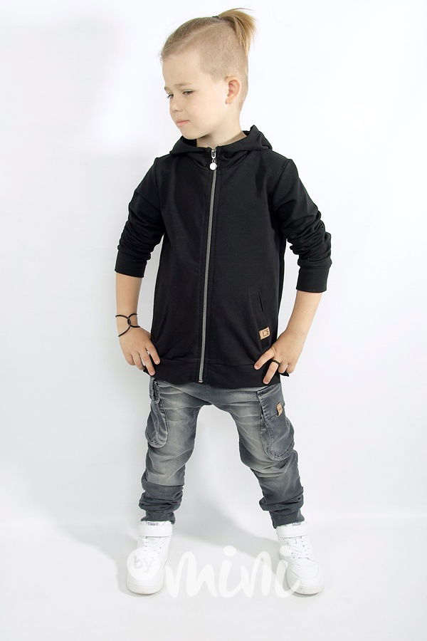 Prodloužená černá chlapecké mikina na zip s kapucí