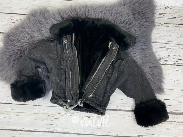 Oversize jeans bunda s kožíškem - černá
