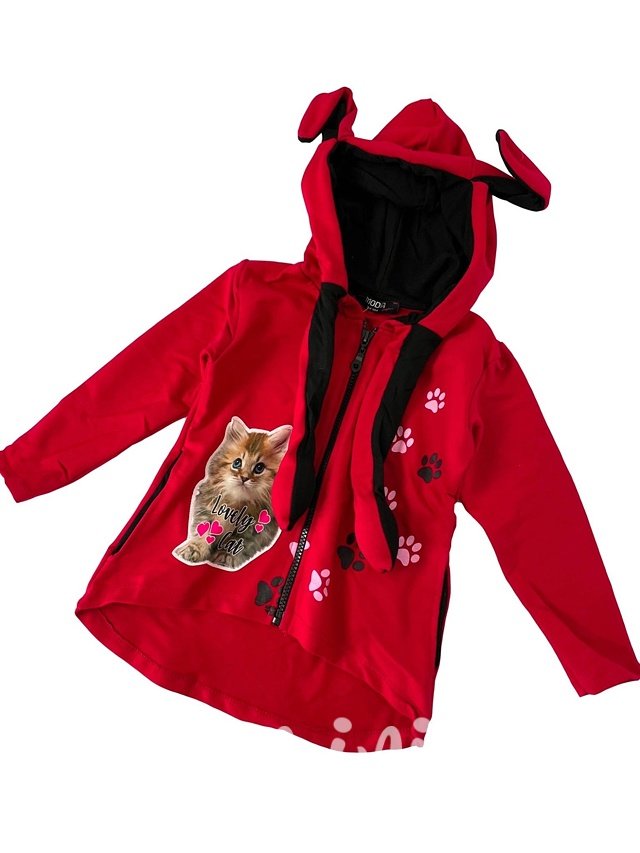 Quirky hoodie - pohyblivé uši - kočičí dívčí mikina - červená