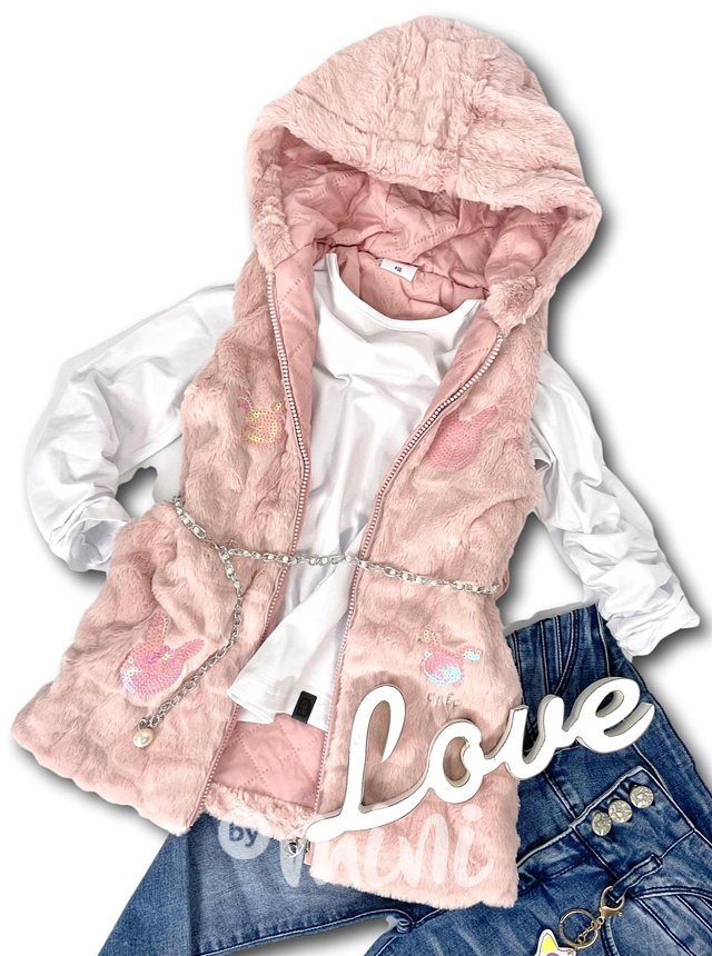 Růžová dětská chlupatá vesta s kapucí + pásek