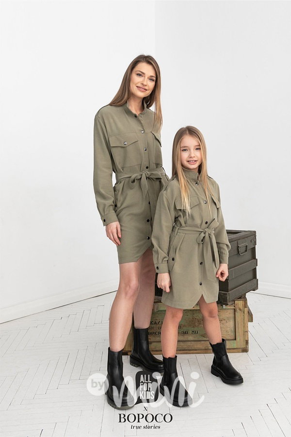 Set pro mamku a dceru khaki šaty military s dlouhým rukávem 