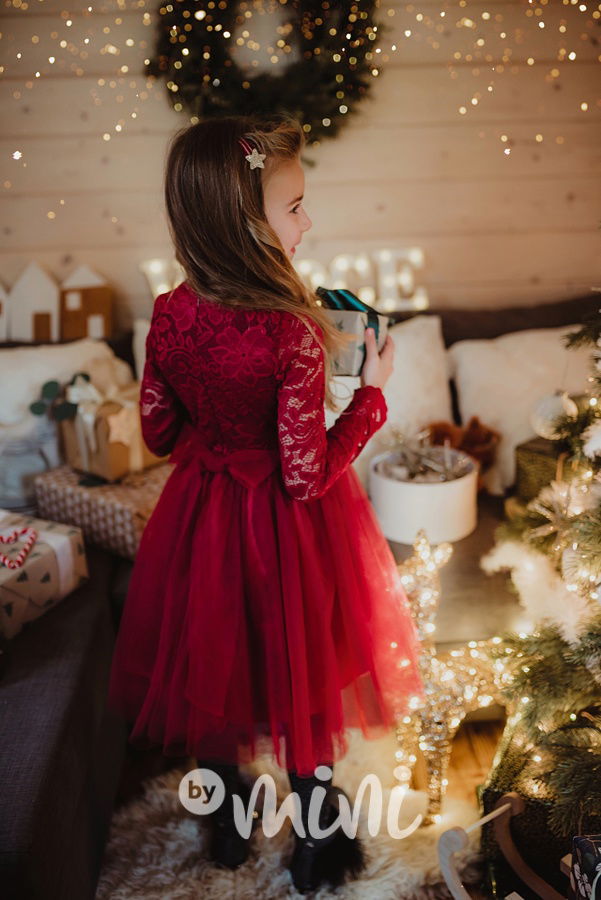 Princess krajkové šaty s maxi tylovou sukní bordo