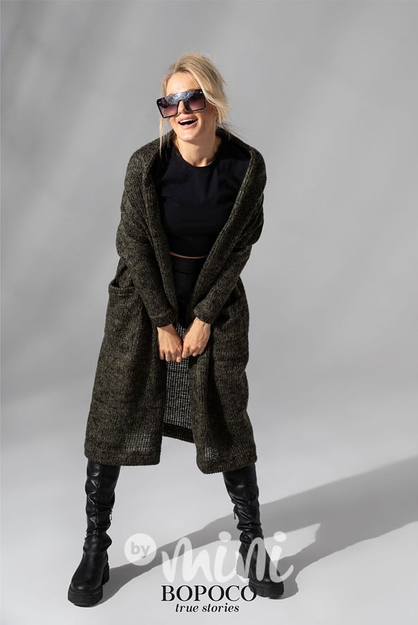 Svetrový long kardigan khaki melange