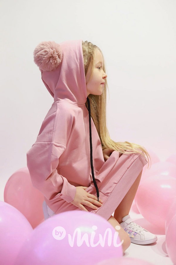 Hoodie mikinová tunika s bambulkama pink