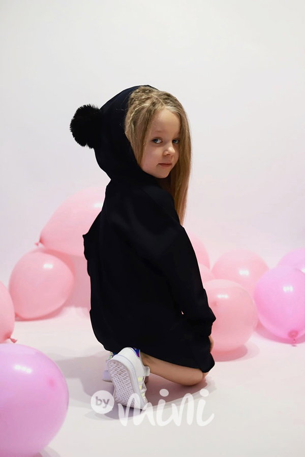 Hoodie mikinová tunika s bambulkama černomodrá