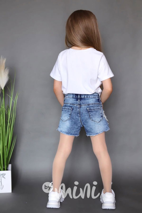 Blue jeans kraťasy flower s kamínky