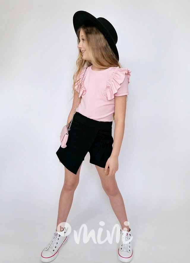 Žebrovaná blůzka s kabelkou pudr růžová