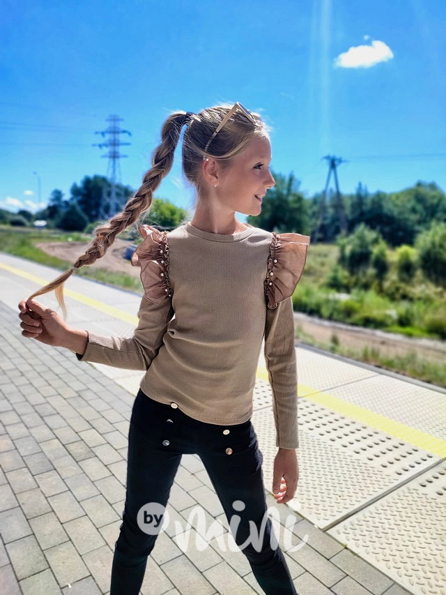 Žebrovaný volánkový top s kamínky béžový