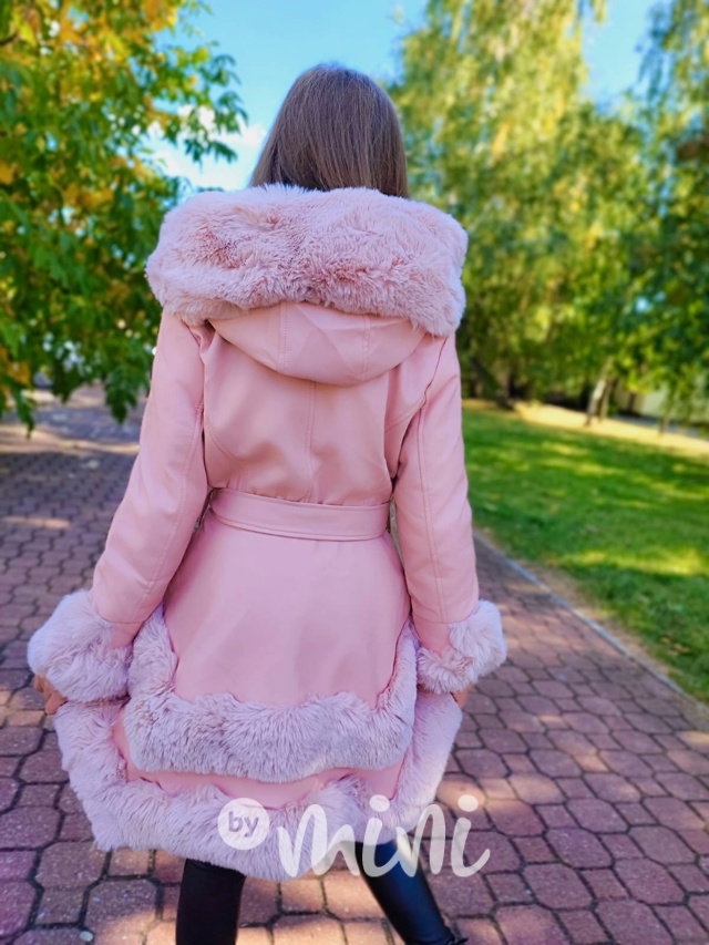 Eco leather kabátek s maxi kožíškem růžový