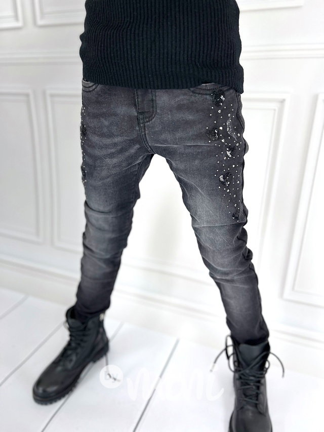 Super THERMO stretch džíny s flitry a kamínky černé