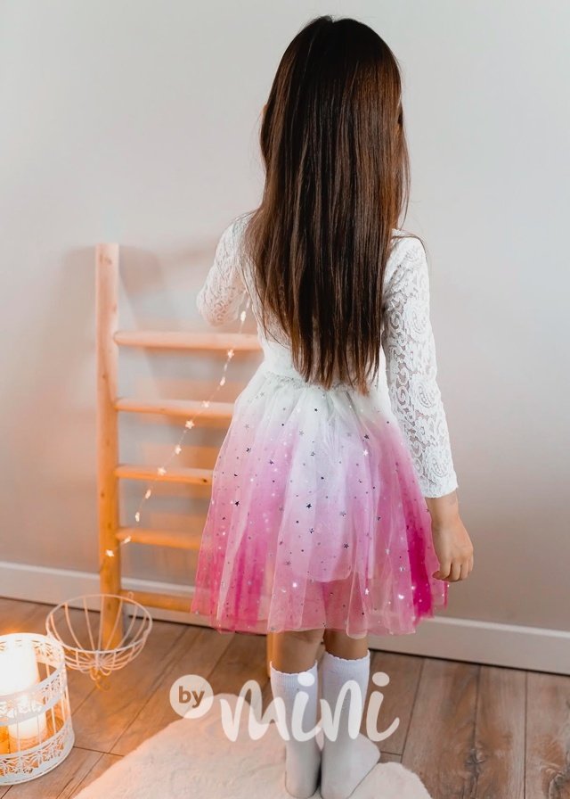 Bílé krajkové ombre šaty s hvězdičkami pink