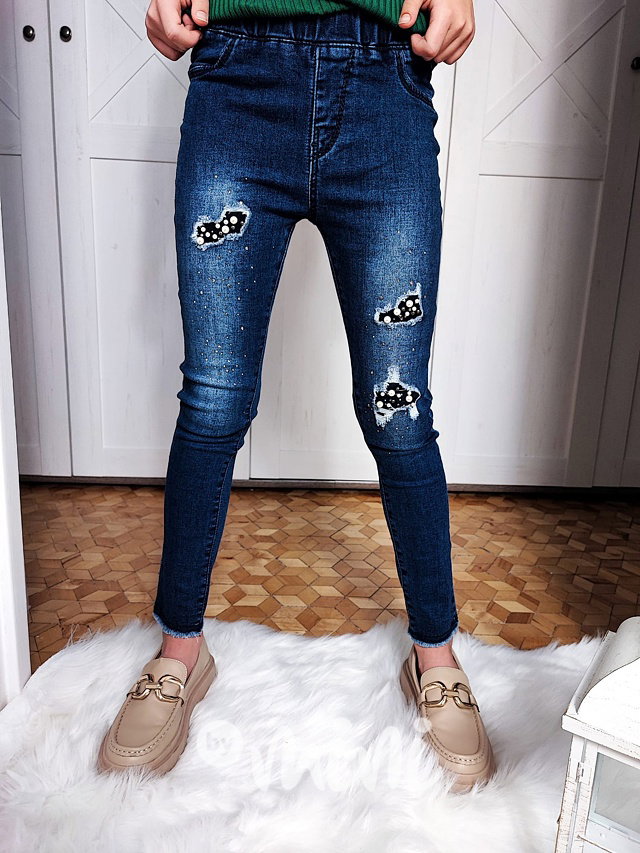 Lehce oteplené jeans jegginy zdobené perličkami